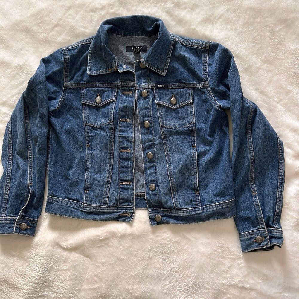 Vintage IZOD Womens Denim Jacket Cropped Button Up Blue Petite S 100% Cotton
